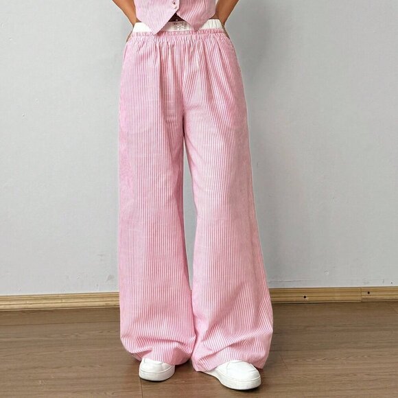 Multicolor Casual Women's Striped Sleeveless V-Neck Top And Pocket Pants Set - Picture 4 of 6